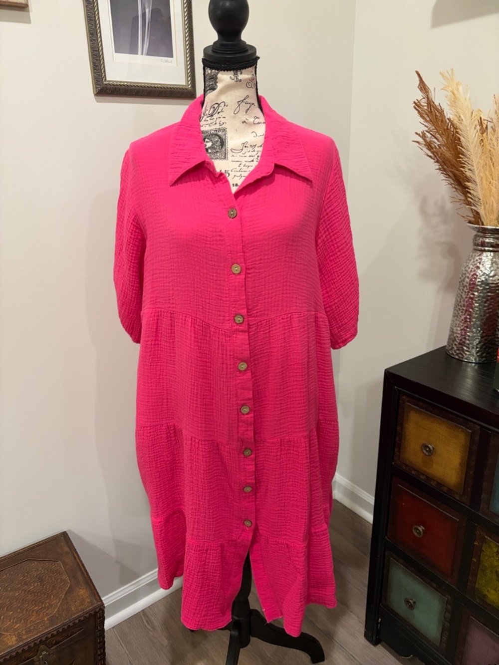 Bright Pink Midi Button-Front Dress